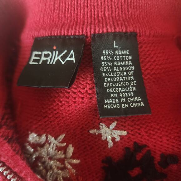 Vtg Christmas Erika Zip-Up Beaded Red Holiday Cardigan Sweater Women's Large - Picture 5 of 5